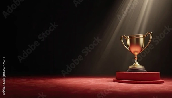 Fototapeta Golden trophy on a red podium, bathed in spotlight