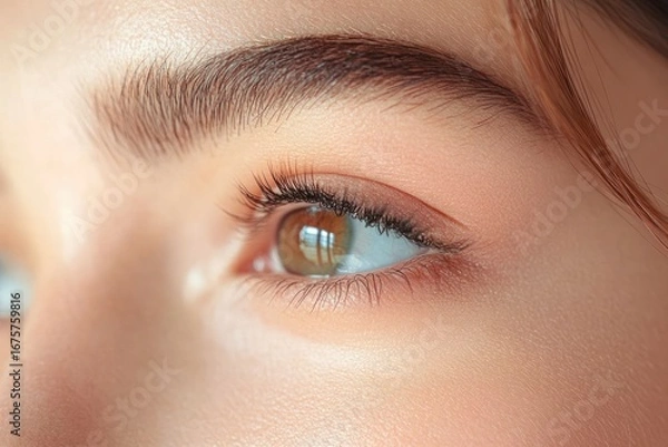 Fototapeta Close-up of a brown eye with long eyelashes and well-groomed eyebrow showing natural skin texture and bright reflection in the eye