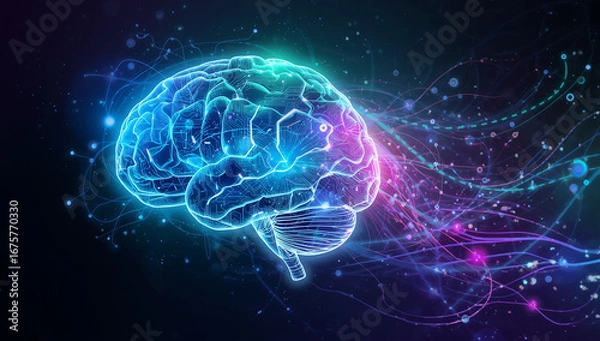 Fototapeta Futuristic Neon Glowing Brain – Artificial Intelligence, Neural Networks and Digital Technology Concept
