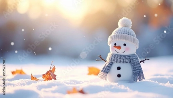 Fototapeta A charming snowman dressed in winter attire stands in a snow-covered landscape, embodying the essence of winter joy