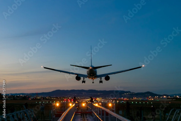 Obraz 夕日と誘導灯に照らされ輝く機体