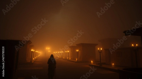 Fototapeta The ninth plague of Egypt: the land cloaked in eerie darkness, faint torchlight along desolate streets creating a surreal atmosphere
