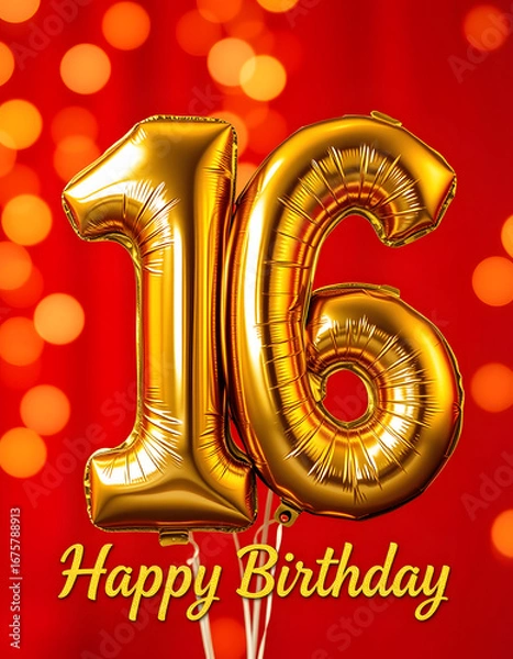 Obraz Gold foil balloon number, digit sixteen. Birthday greeting card, inscription 16. Anniversary celebration event. Banner. Stylish golden numeral, light bokeh, glitter, red background. Numerical digit,