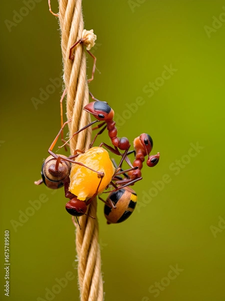 Fototapeta Close-up of weaver ants carrying food on rope