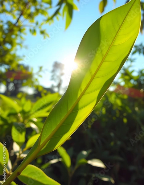 Obraz Panoramic view of beautiful leaf in sunny day. Green nature background with copy space for text using for banner and cover page, colorful. isolated with white highlights