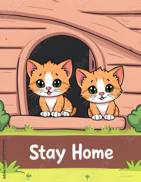 Obraz Coronavirus spread prevention concept. Two kittens peeking out of their house and a call to stay at home. Horizontal banner with text Stay Home. isolated with white highlights