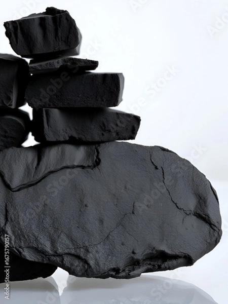 Fototapeta Stack of black charcoal pieces with shiny surface against transparent background, showing natural wood grain texture and irregular shapes