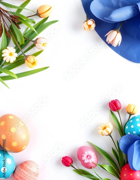 Obraz Easter banner with colorful Easter Egg double side border over a white background. Top view with copy space, Paper Cutout style. isolated with white highlights