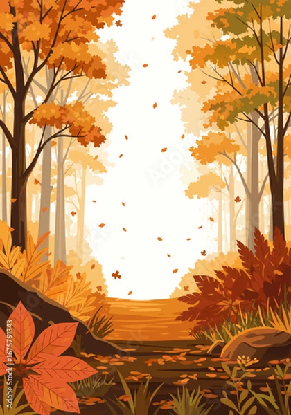 Fototapeta Fall background with autumn leaves, pathway, and forest illustration