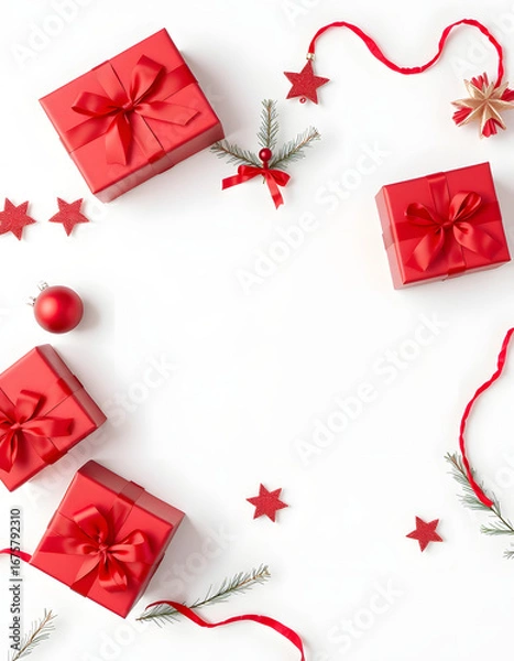Obraz Christmas background. Gifts, red decorations on a white background. Christmas, winter, new year concept. Top view with copy space for your text. Flat lay, angled photoshot. isolated with white highl