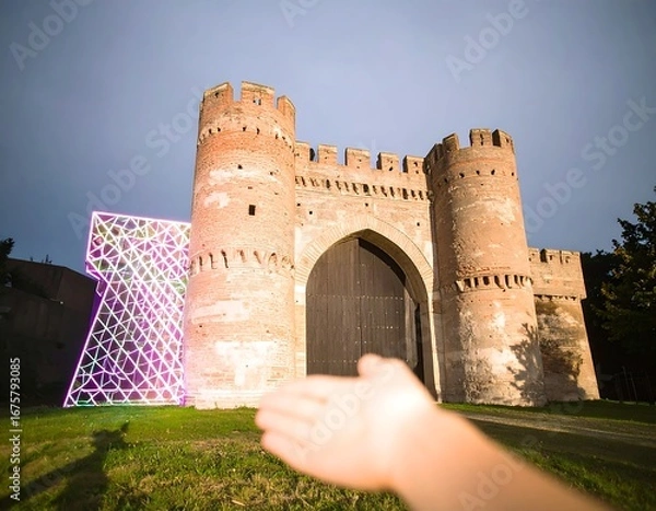 Obraz A hand reaching toward a medieval gate