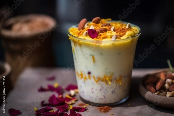 Obraz Freshly prepared Lassi creamy yogurt drink served a clay glass topped with malai and saffron strands summer street stall vibes detailed macro food photography