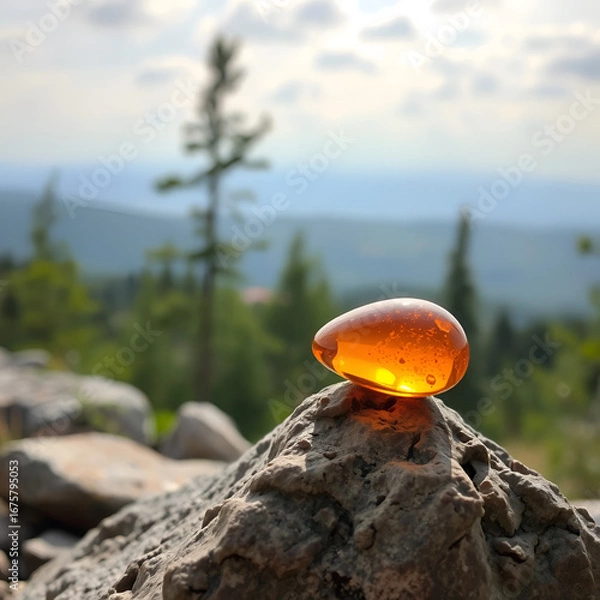Fototapeta A single, glowing piece of amber rests upon a picturesque outdoor rock surrounded by a serene natural background, symbolizing purity and tranquility.