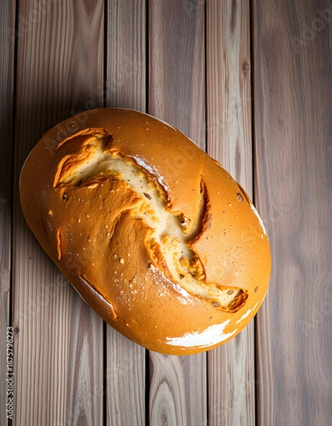 Obraz Homemade loaf of wheat bread baked on wooden background. banner for advertising and design, promo top view with copy space, dramatic atmosphere. isolated with white highlights