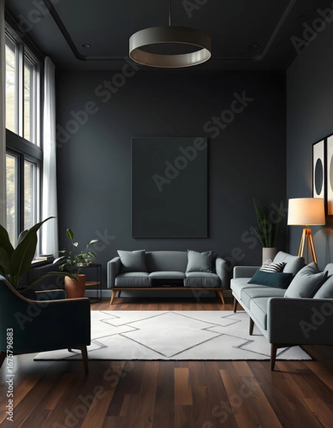 Obraz Front view on dark living room interior with empty poster, clipart style. isolated with white highlights