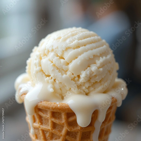 Fototapeta A close-up shot of a single scoop of melting vanilla ice cream, served with a waffle cone, creates a tantalizing display of summer dessert.