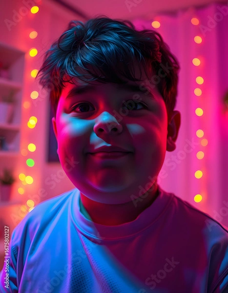 Obraz Young fat streamer on a room with multicolor lights, pop-art. isolated with white highlights