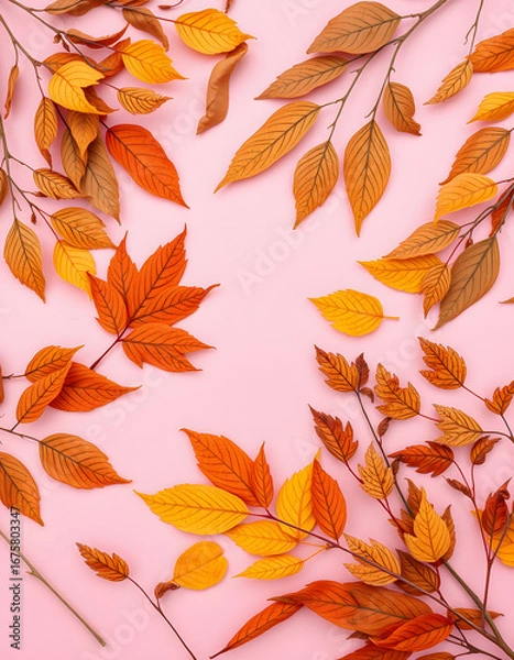 Obraz Autumn creative composition. Beautiful dried leaves on pastel pink background. Fall concept. Autumn background. Flat lay, top view, copy space, clipart style. isolated with white highlights