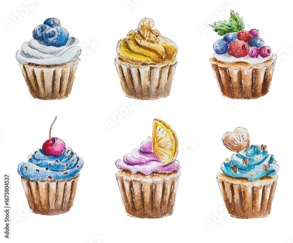 Fototapeta Watercolor set of colorful cupcakes, chocolate, berries and fruits