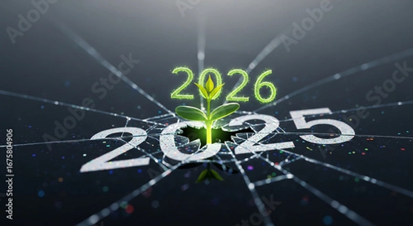 Fototapeta The year 2025 on a shattered target gives way to a sprouting plant for 2026 a perfect concept for growth and success after overcoming challenges of the past