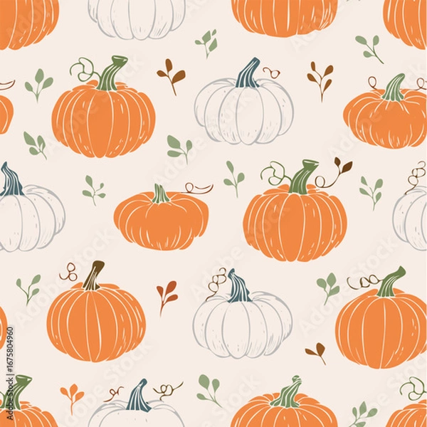 Obraz Seamless autumn pattern with orange pumpkins, green leaves, and decorative dots. Cozy seasonal design perfect for fall, Thanksgiving, and harvest themes