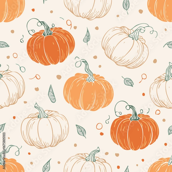 Obraz Seamless autumn pattern with orange pumpkins, green leaves, and decorative dots. Cozy seasonal design perfect for fall, Thanksgiving, and harvest themes