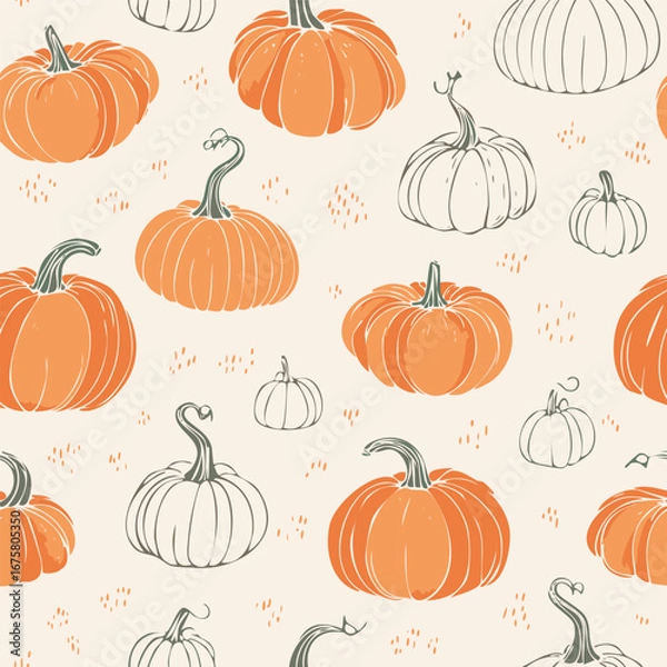 Obraz Seamless autumn pattern with orange pumpkins, green leaves, and decorative dots. Cozy seasonal design perfect for fall, Thanksgiving, and harvest themes