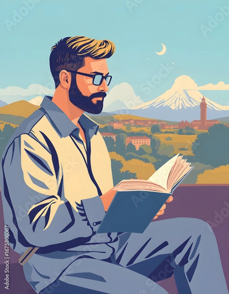 Obraz Man reading a book; panoramic banner, flat papercut style. isolated with white highlights