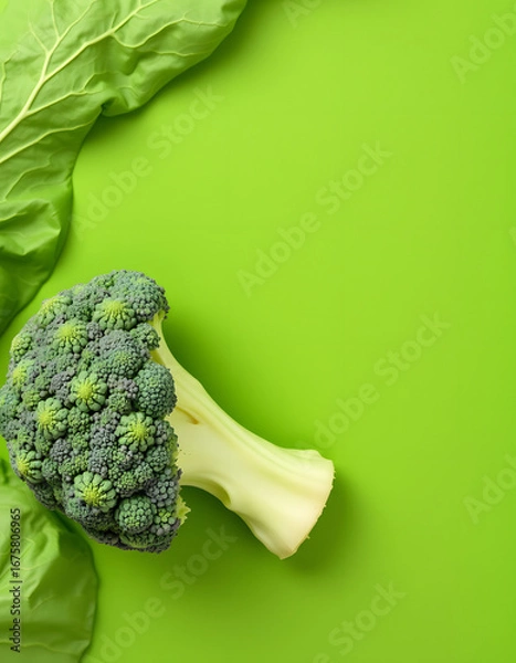 Obraz Fresh raw broccoli two half on a green background. Abstract vegetable background, banner with side border, cabbage texture details, close-up. Top view, flat lay with copy space for text, one line ar