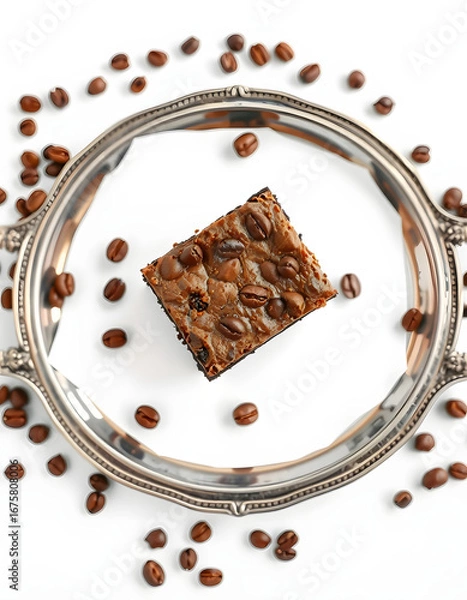 Obraz top view of delicious brownie piece with coffee beans and chocolate on silver tray on white background, panoramic shot, doodle art. isolated with white highlights