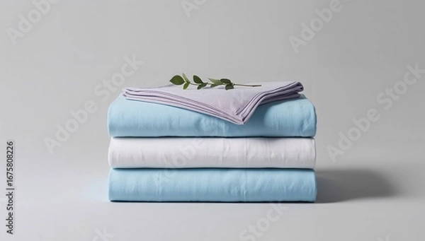 Fototapeta Bedsheets stack with eucalyptus sprig, folded bedsheets on grey background