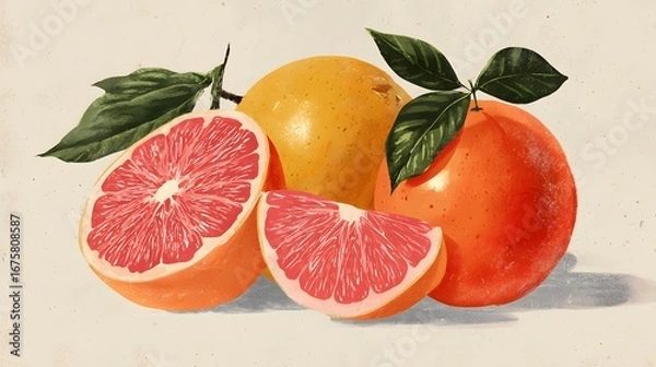 Fototapeta Intricately Detailed Vintage Minimalist Flat Illustration of Orange and Grapefruit in Retro Pastel Style