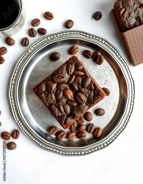 Obraz top view of delicious brownie piece with coffee beans and chocolate on silver tray on white background, panoramic shot, hyperrealism. isolated with white highlights