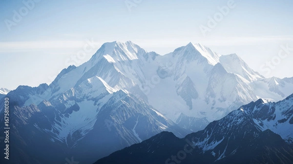 Fototapeta Majestic Snow-Capped Mountain Range Under Soft, Atmospheric Blue Sky