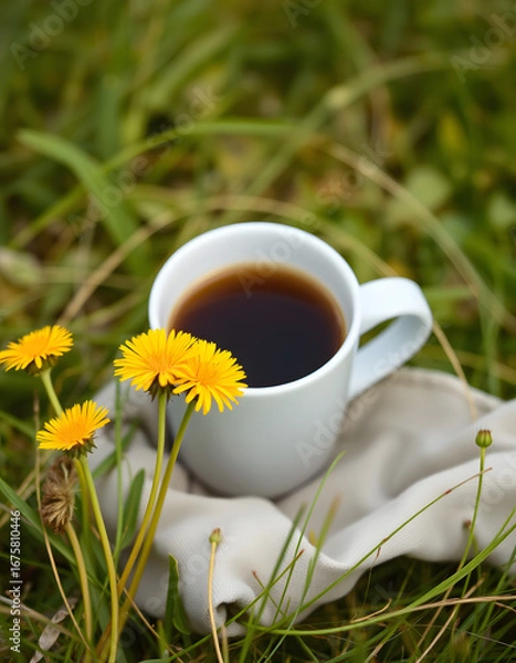 Obraz Summer morning among nature outdoor concept. Fresh composition with coffee cup and yellow dandelions on gentle, blurry, natural background with copy space. Slow down, coffee time, simple calm life, 