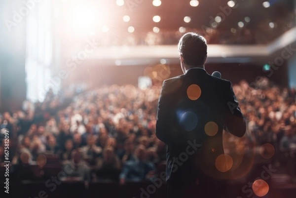 Fototapeta Speaker delivering speech on stage with microphone to audience under spotlight at conference, leadership concept