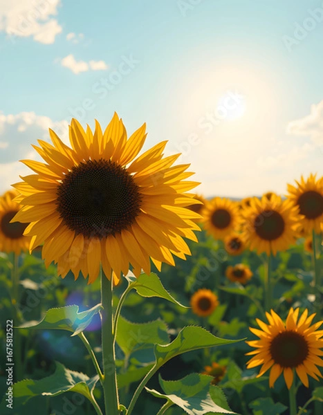 Obraz Bright sunflower field header with lens flare, pixel art. isolated with white highlights