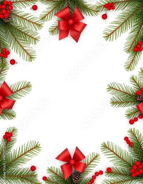 Obraz Creative frame made of Christmas fir branches on white background with red decoration, pine cones. Xmas and New Year theme. Flat lay, top view, wide composition, one line art. isolated with white hi