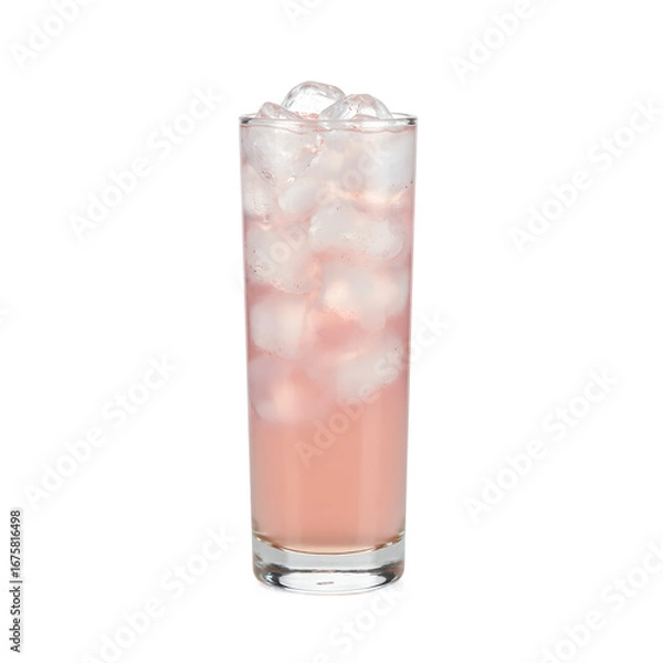 Fototapeta Tall glass of refreshing Greyhound cocktail with pink liquid and ice cubes Perfect for summer concepts, isolated