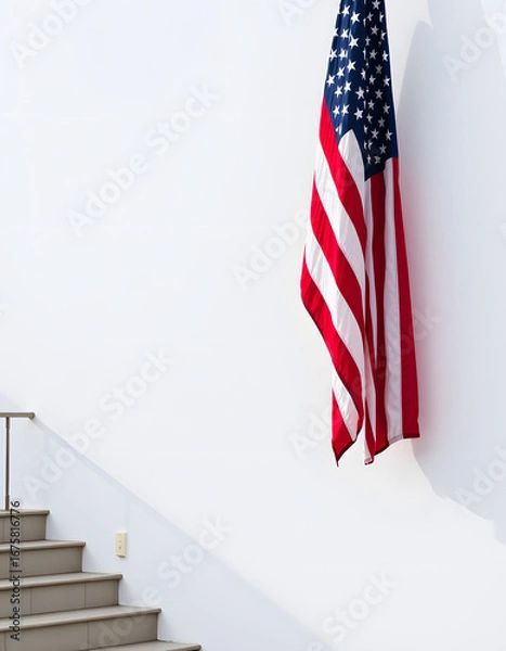 Obraz American Flag on a White Wall. isolated with white highlights