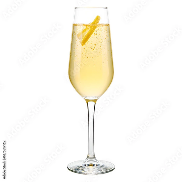 Fototapeta Refreshing French 75 cocktail in a sleek glass with lemon twist on a white background Ideal for drink menus and lifestyle blogs, isolated