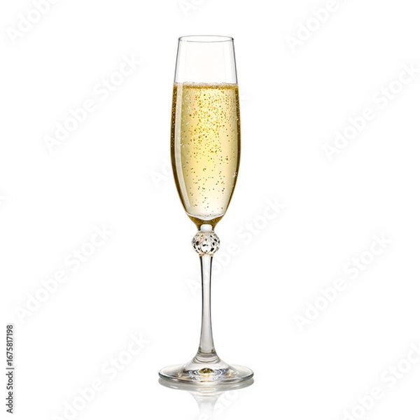 Fototapeta Bubbly prosecco in a decorative stemmed glass elegant and isolated on a white backdrop, isolated