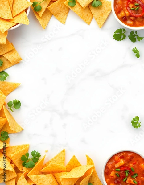 Obraz Nachos and dip double border. Top down view on a white marble banner background. Copy space, clipart style. isolated with white highlights