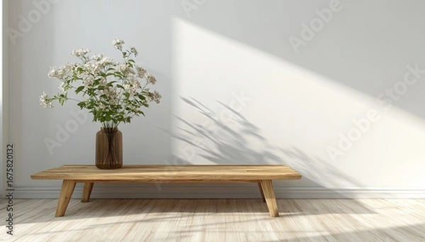 Fototapeta Simple, minimalist room with wooden bench and vase of flowers
