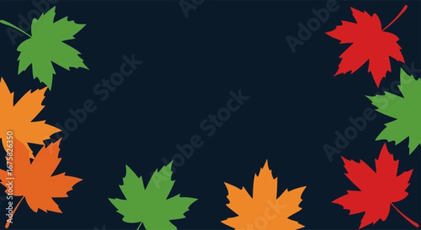 Fototapeta Vibrant fall maple leaves frame a deep navy blue background, perfect for seasonal designs and autumn themes