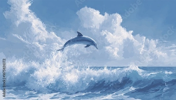 Obraz Dolphin leaps through azure waves.  Vast sky with puffy clouds