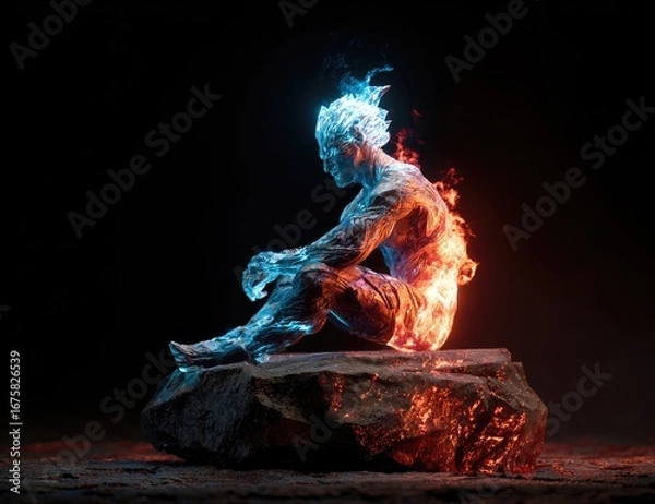 Fototapeta Dual-natured figure, ice and fire, seated on rock