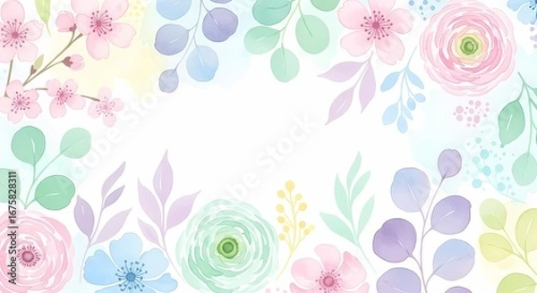 Fototapeta Delicate watercolor floral frame with pastel blossoms and leaves for elegant spring designs and invitations