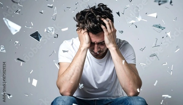 Fototapeta Dramatic Depressed Young Man Suffering from Mental Breakdown with Glass Shards