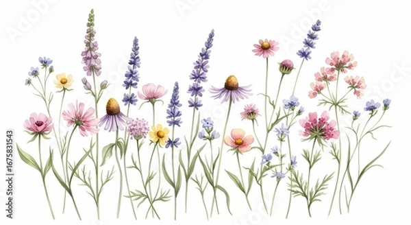 Fototapeta A Beautiful Watercolor Illustration of a Vibrant Meadow Filled with a Diverse Array of Wildflowers and Delicate Greenery